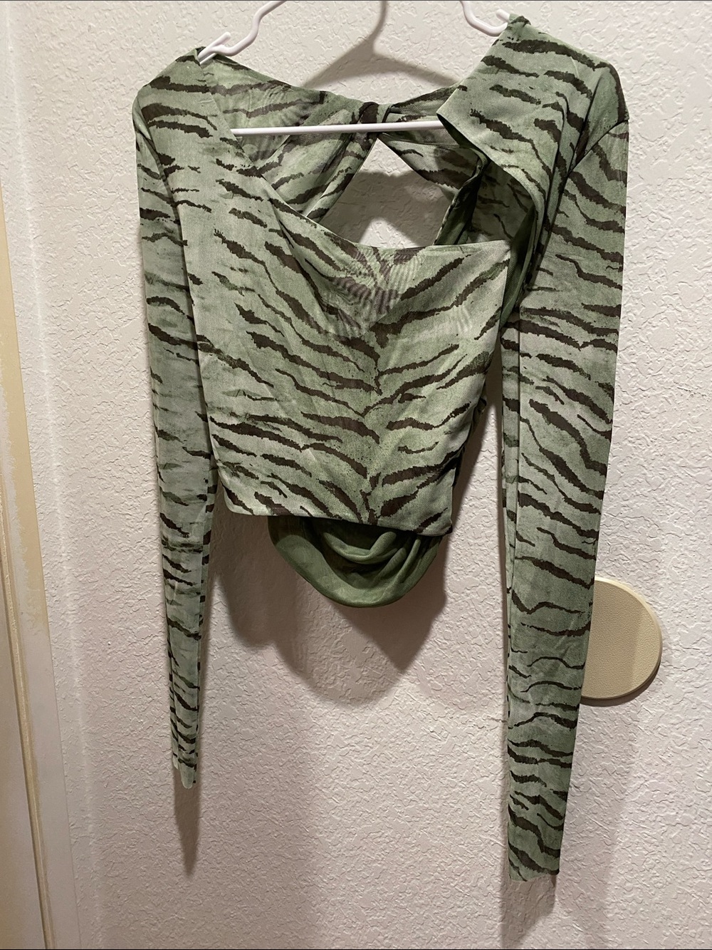 Zara Sage Green Zebra-Print Long Sleeve Crop Top